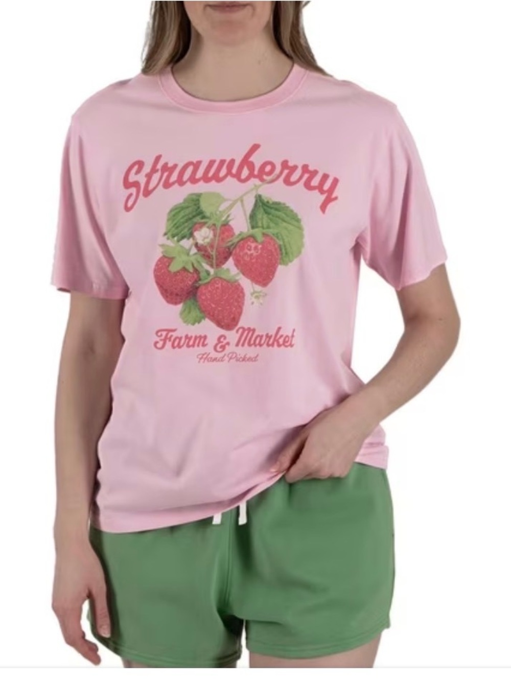 State of Mine Pink Strawberry Graphic Tee & Green Shorts Set